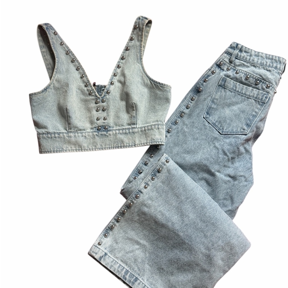 House of Harlow 1960 Light Blue Studded 2 piece Wide Leg Pants and Top